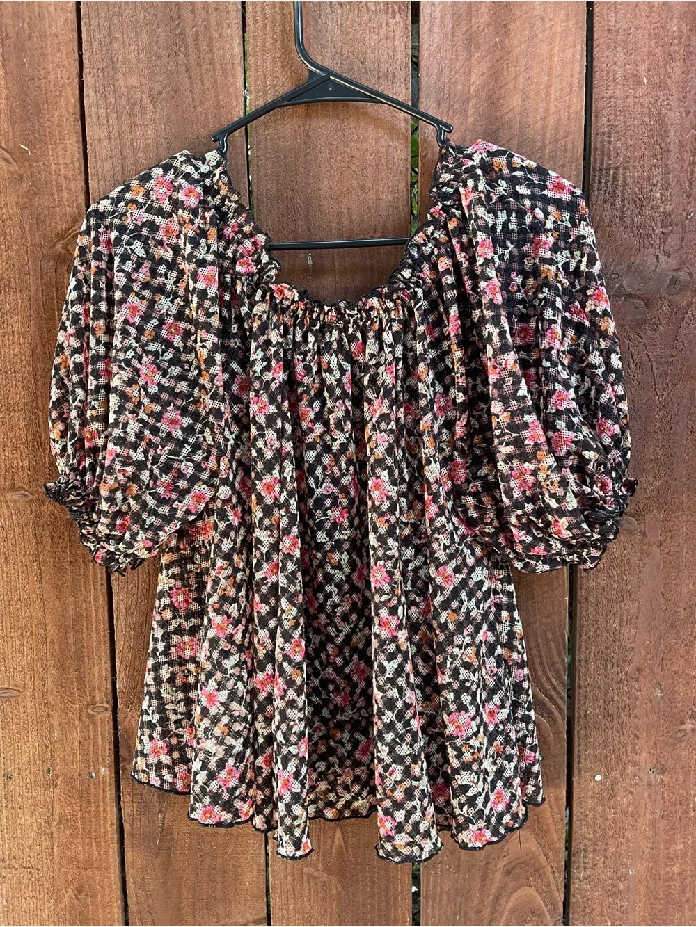 Free People Black Floral Lightweight Puff Sleeve Flowy Boho Top Sz S